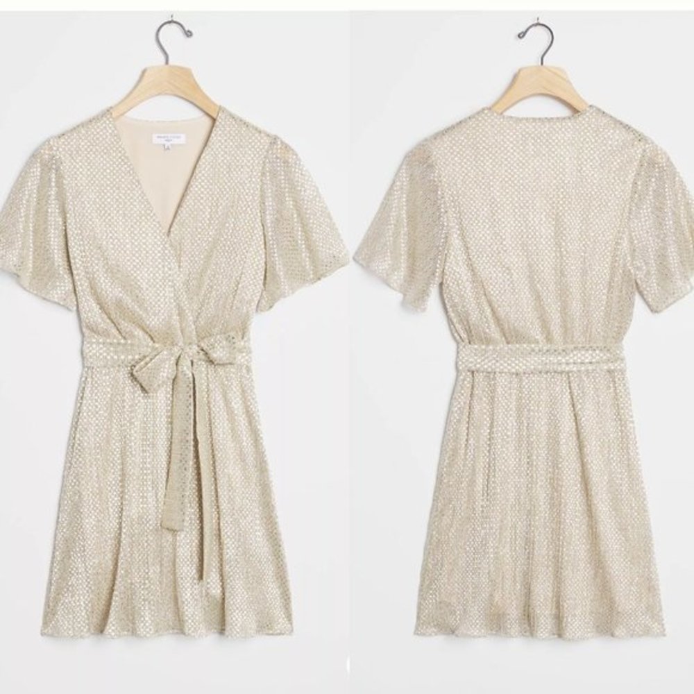 NWT: Anthropologie Waverly Grey Fante Shimmer Mini Dress Gold Shine sz 10 Womens